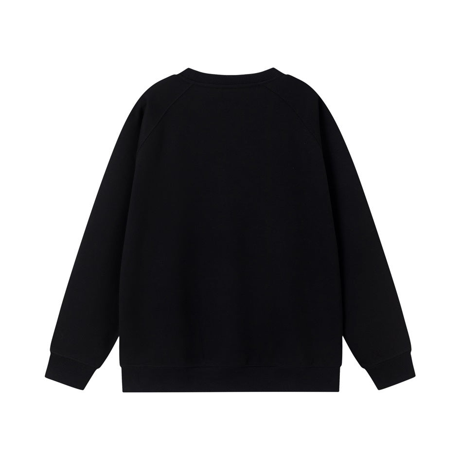 Back view of a plain black crew neck raglan sweatshirt with ribbed cuffs and hem
