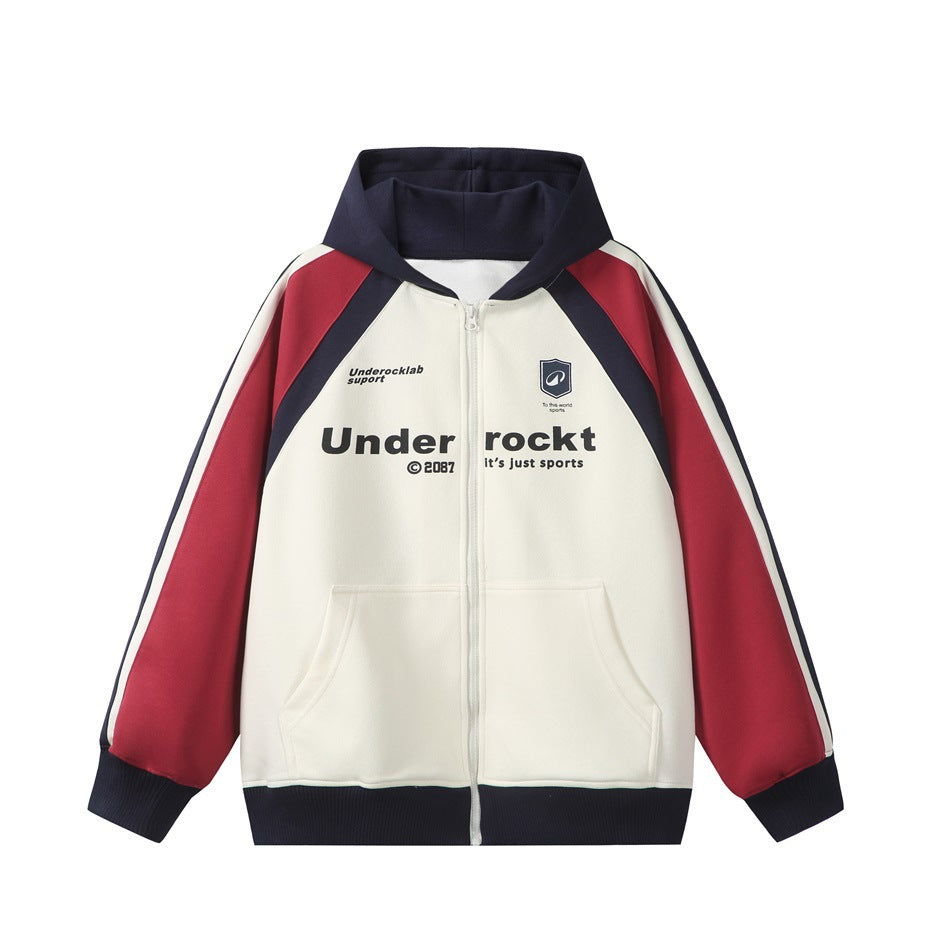 Red colorway zip-up hooded jacket, front view, cream body with red raglan sleeves and navy hood and trim
