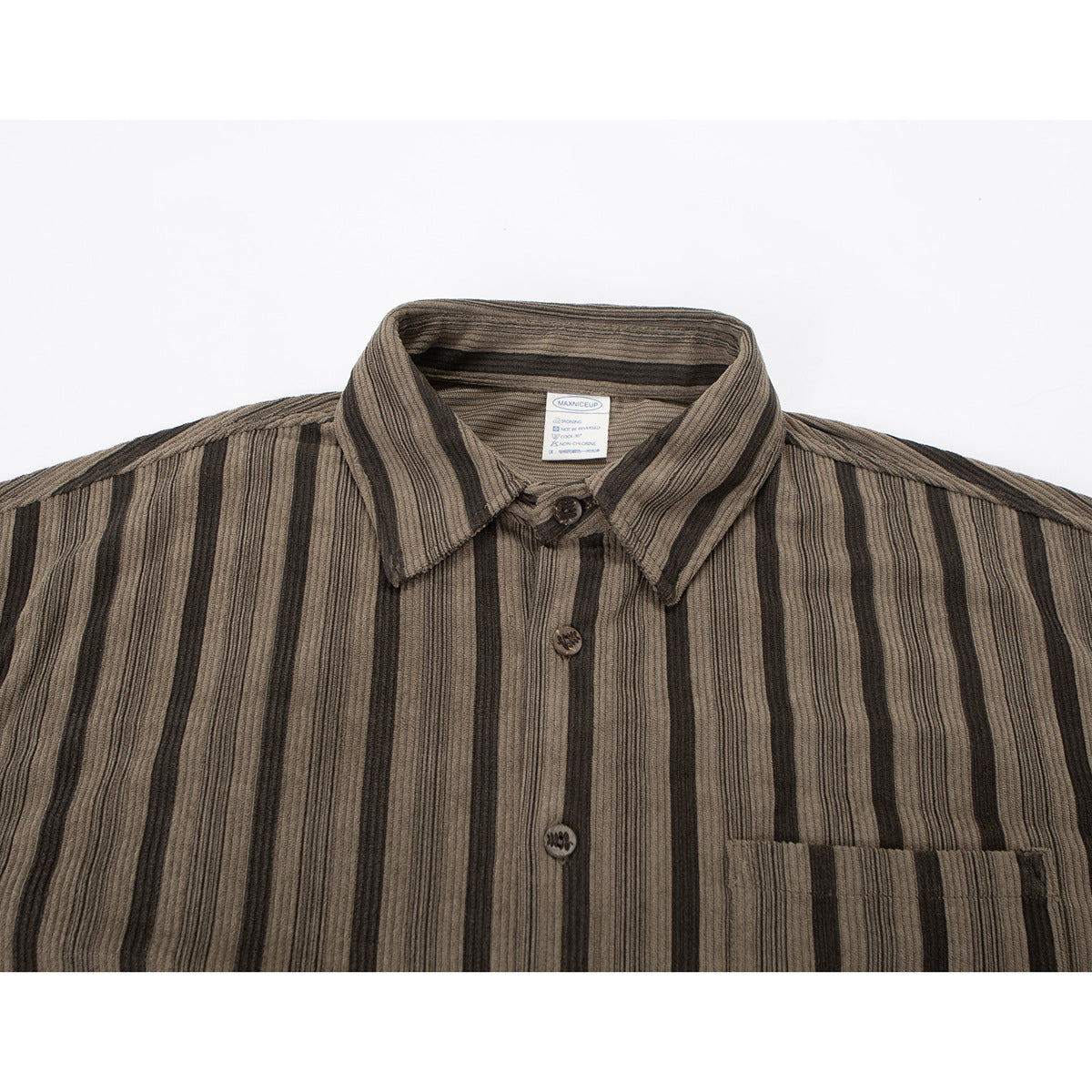 Close-up of a brown and black striped shirt showing its pointed collar, buttons, chest pocket, and neck label.