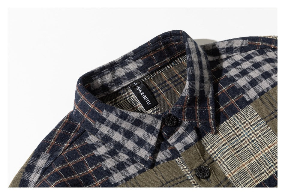 Close-up of the shirt's mixed plaid collar, top buttons, and inner neck label.