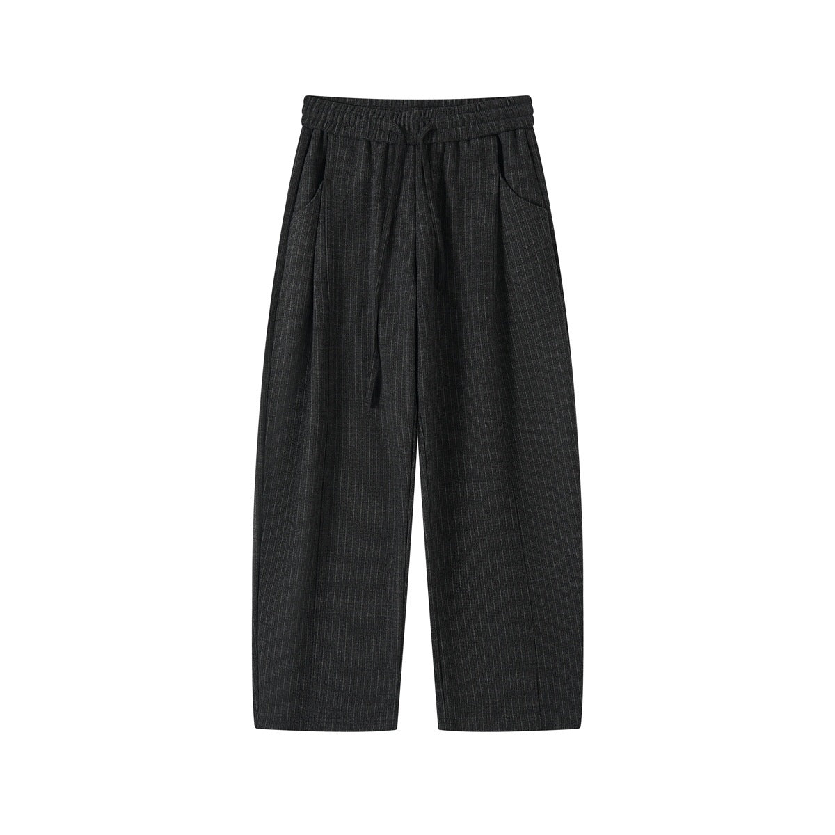 Dark gray pinstriped wide-leg elastic-waist pants with drawstring and side pockets, flat lay front view
