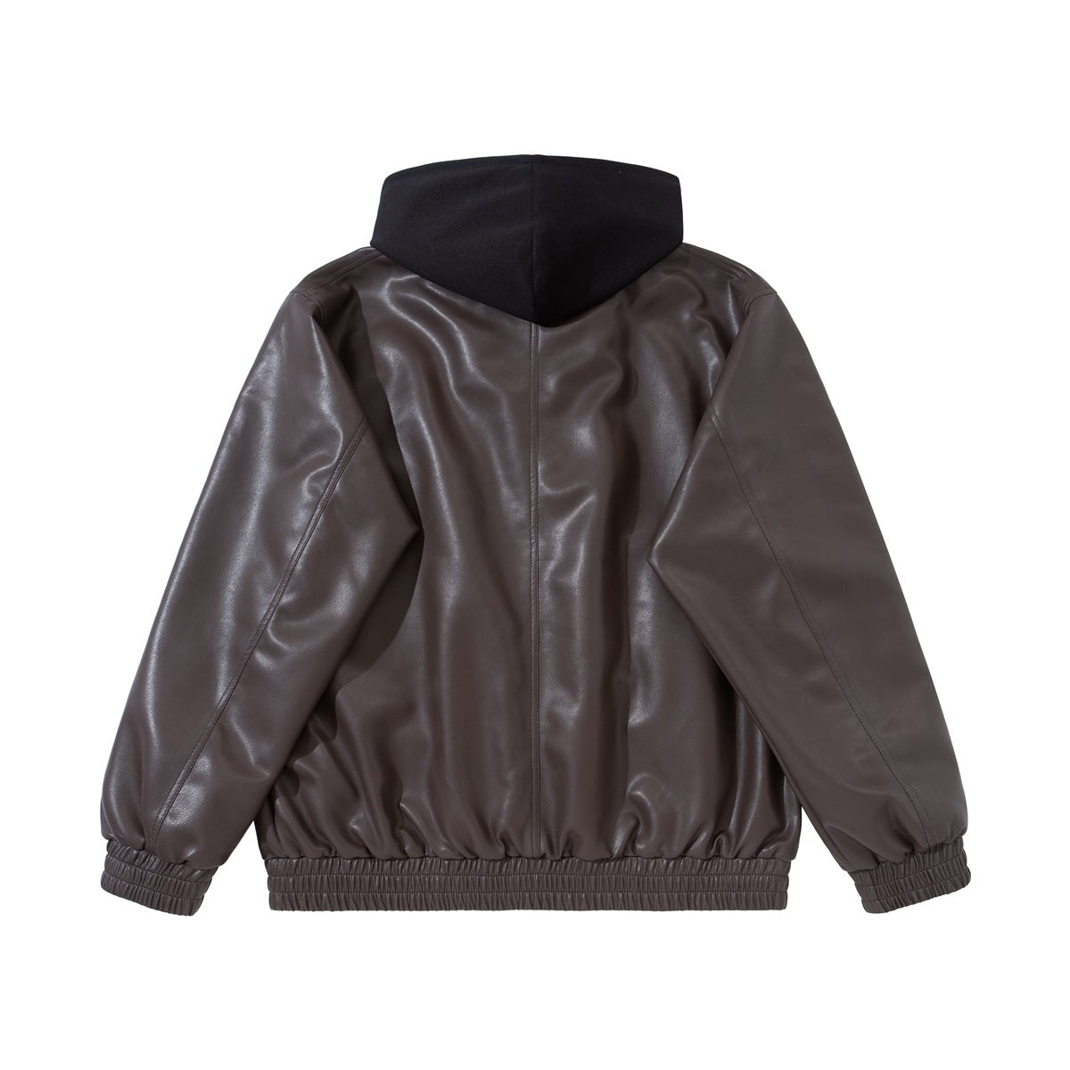 Back view of a dark brown jacket with a black hood, center seam, and gathered hem and cuffs.