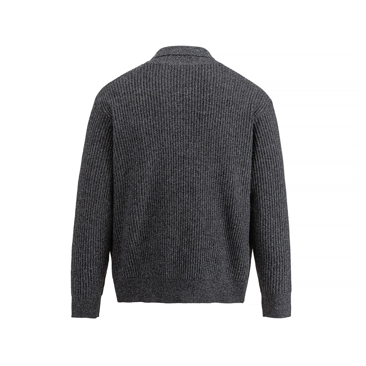 Back view of a charcoal gray rib-knit long-sleeved polo sweater on a white background.