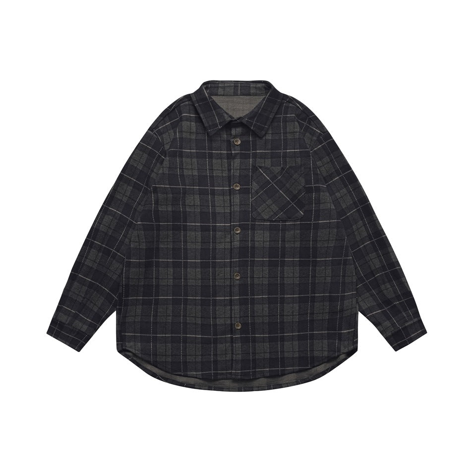 Navy and gray plaid long-sleeve button-up shirt with chest pocket, shown flat from the front
