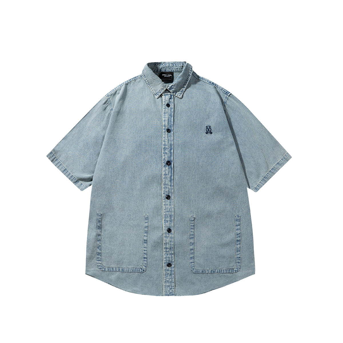 Light washed blue short-sleeve denim-look button-front shirt with two large front pockets and a small chest emblem
