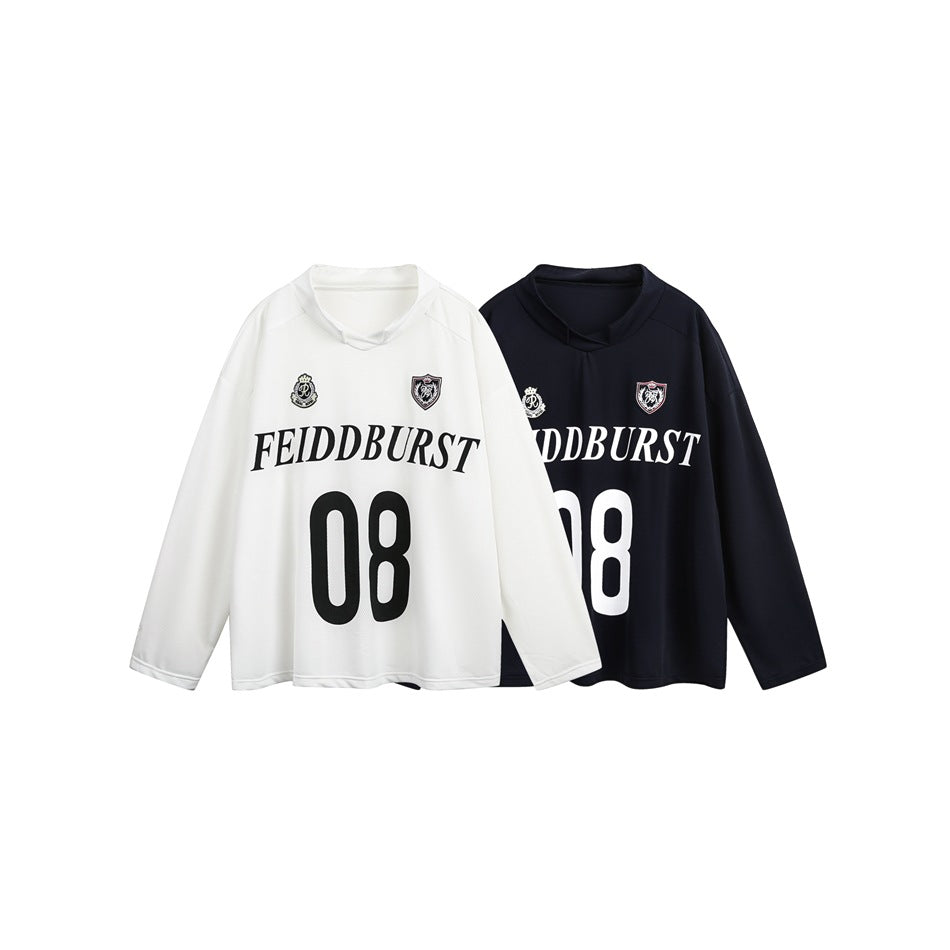 White and dark navy long-sleeve jerseys shown together, each with crest patches, contrasting lettering and number 08.