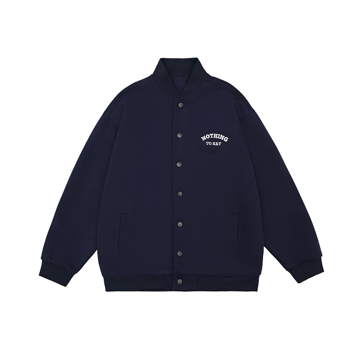 Navy blue baseball-style jacket with snap-button front, ribbed trim, slit pockets and white chest text graphic
