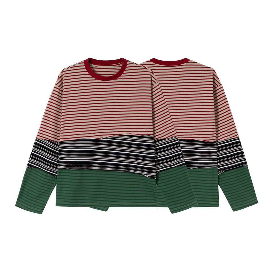 Red, black, and green striped long-sleeve shirt shown from the front, with a second view showing the back.