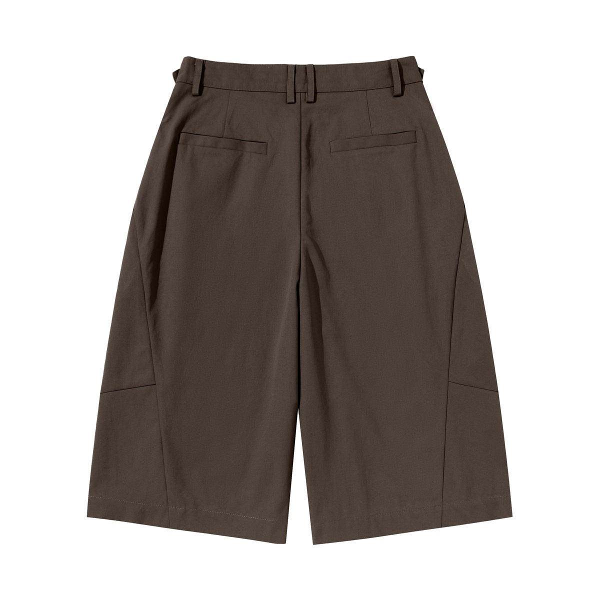 Back view of brown knee-length wide-leg shorts with two welt pockets, belt loops and curved leg panel seams