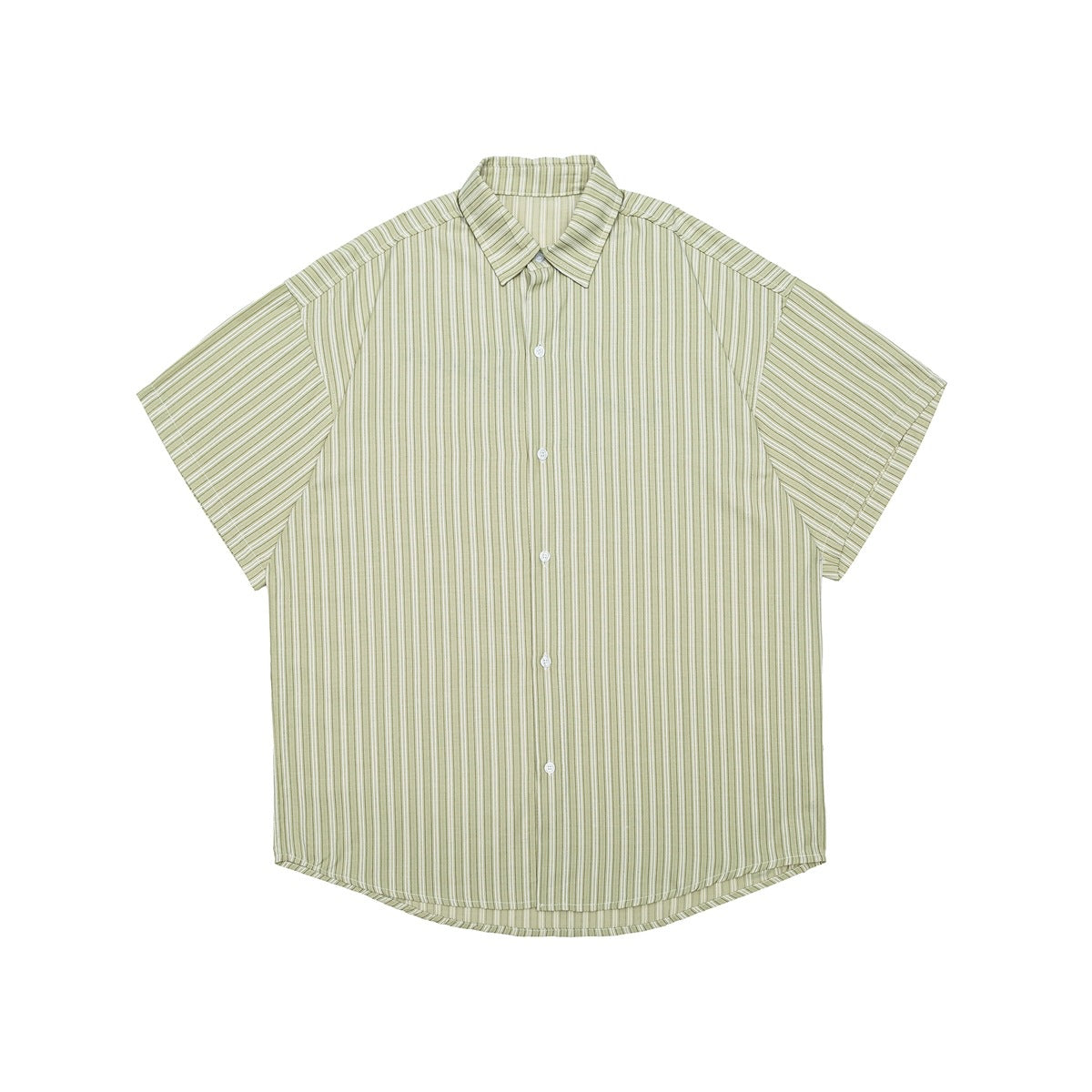 Pale green-yellow striped short-sleeve button-up shirt with collar, flat lay front view