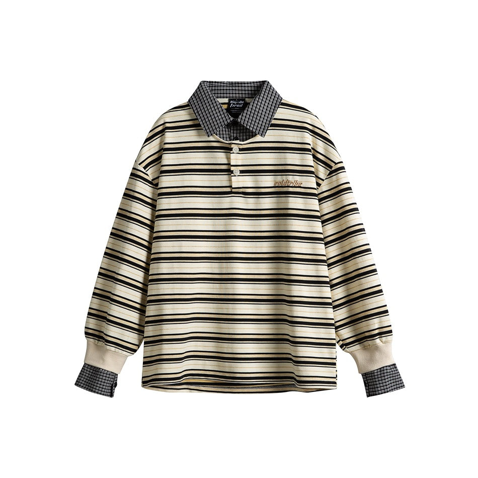 Beige and black striped long-sleeve polo with dark plaid collar and cuffs, flat front view