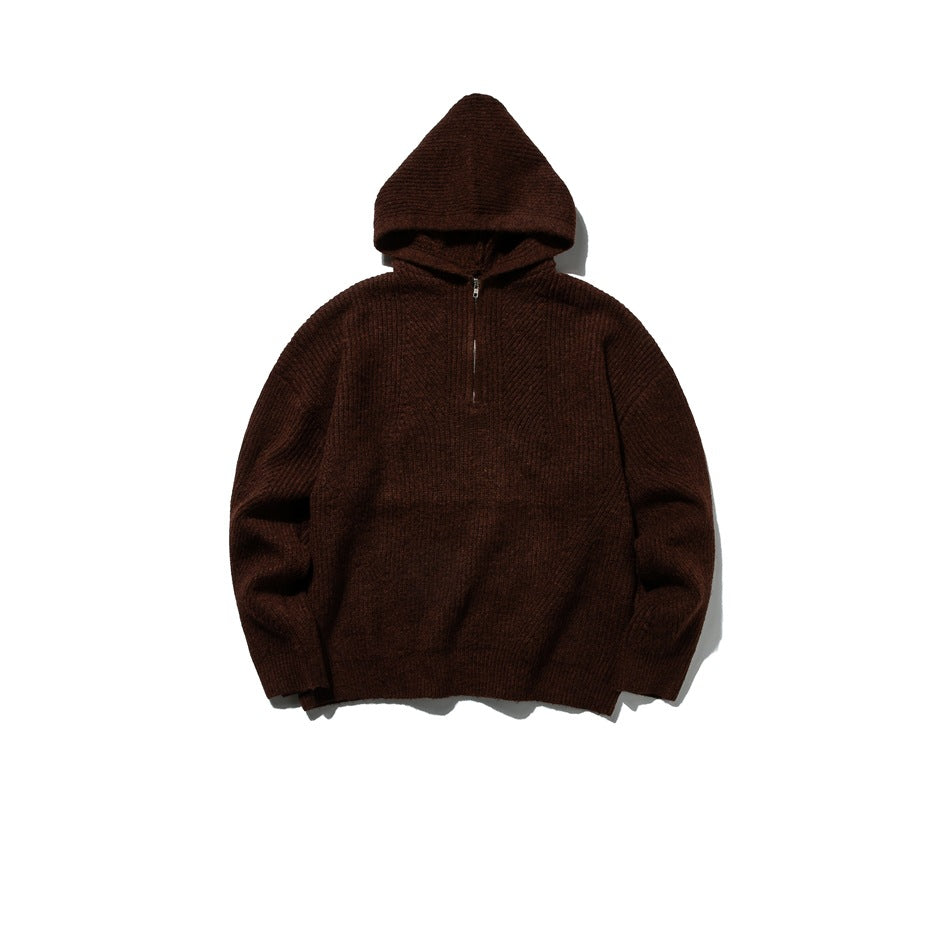 Dark brown ribbed knit hooded half-zip sweater, flat lay front view on white background