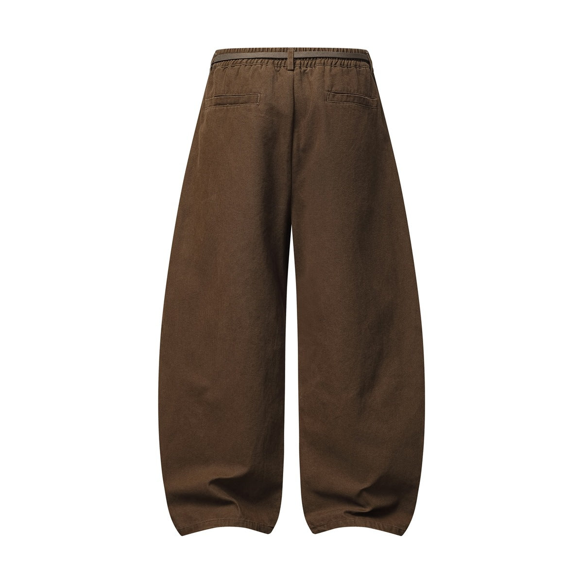 Back view of brown wide-leg trousers with an elastic waistband and two welt pockets.