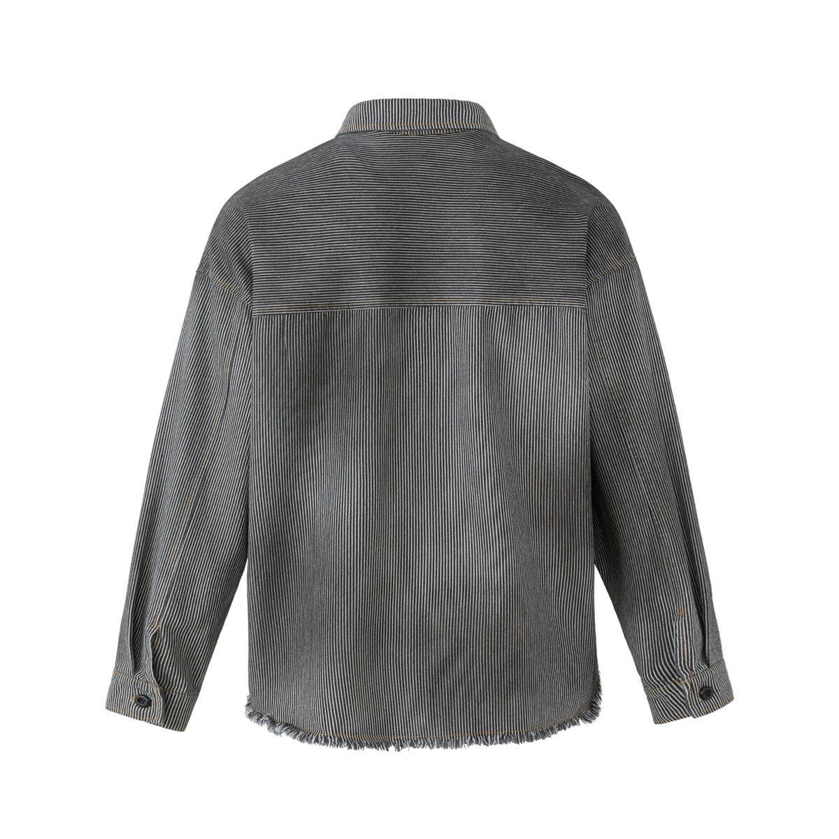 Back view of a charcoal pinstriped shirt jacket with a contrasting horizontal yoke and frayed hem.