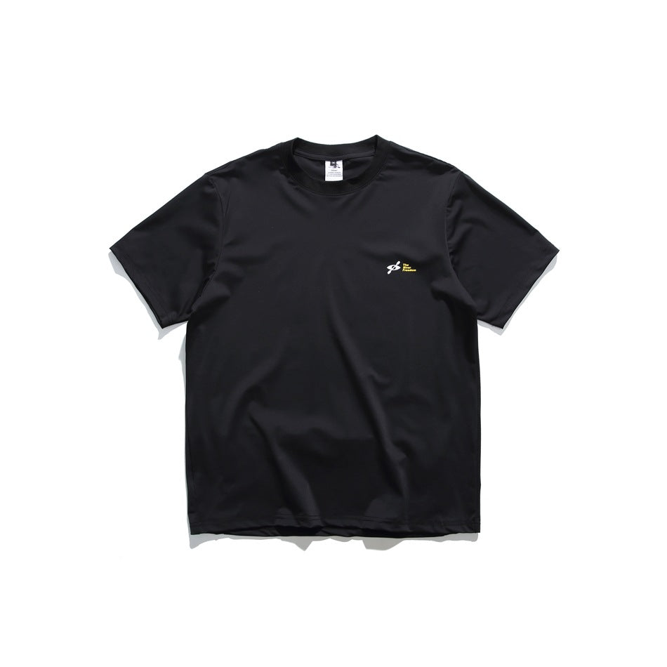Black short-sleeve crew-neck tee front view with a small yellow and white print on the left chest