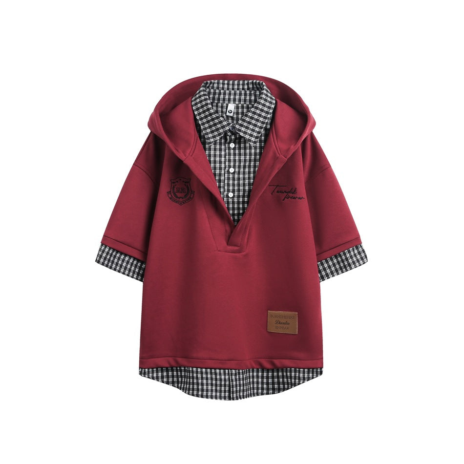 Burgundy red short-sleeve hooded top with black and white check shirt layer, flat front view
