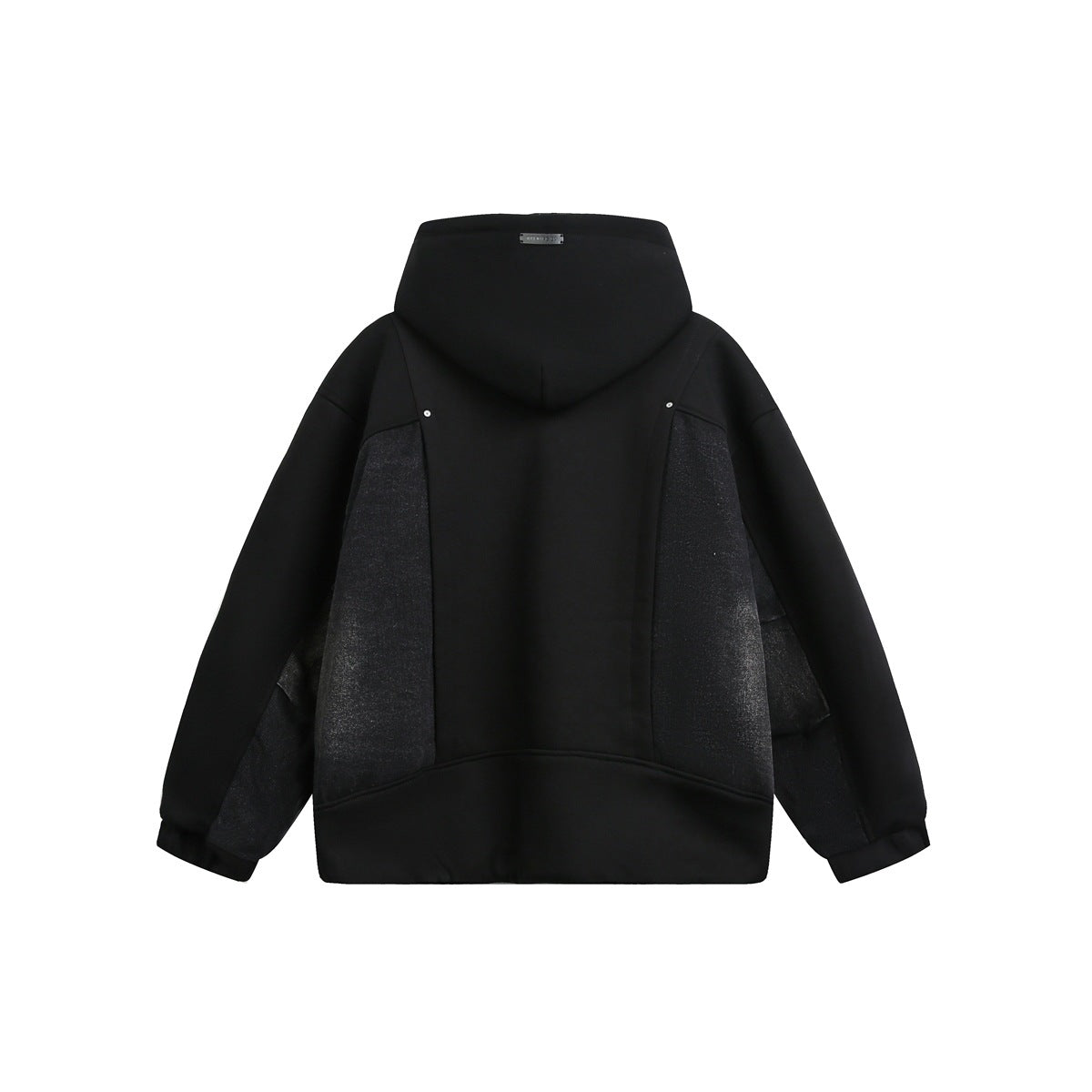 Rear view of a black hooded sweatshirt with darker textured side panels and a wide hem.