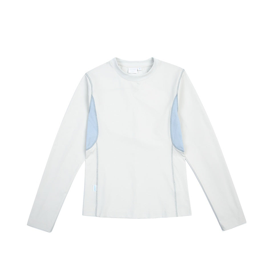 White long-sleeve top with light blue side panels and contrast stitching, flat front view