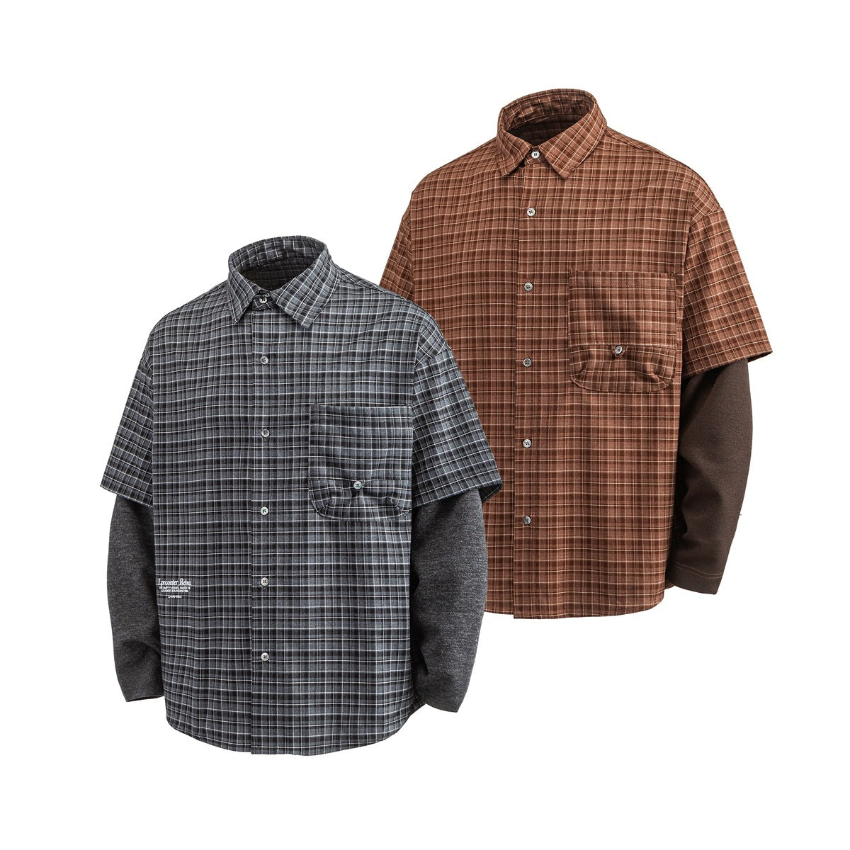 Brown and charcoal plaid button-up shirts with chest pockets and contrasting long sleeves, shown from the front.