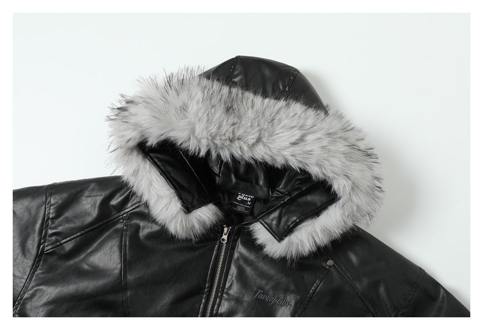 Cropped front view of a black hooded jacket with gray fur trim, a zipper, and stitched chest lettering.
