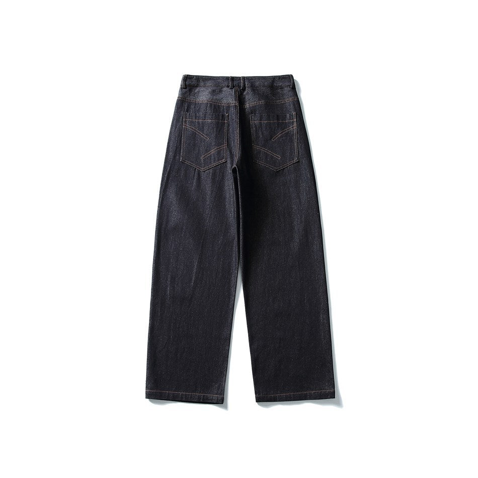Back flat view of black wide-leg denim jeans with two patch pockets and contrast stitching