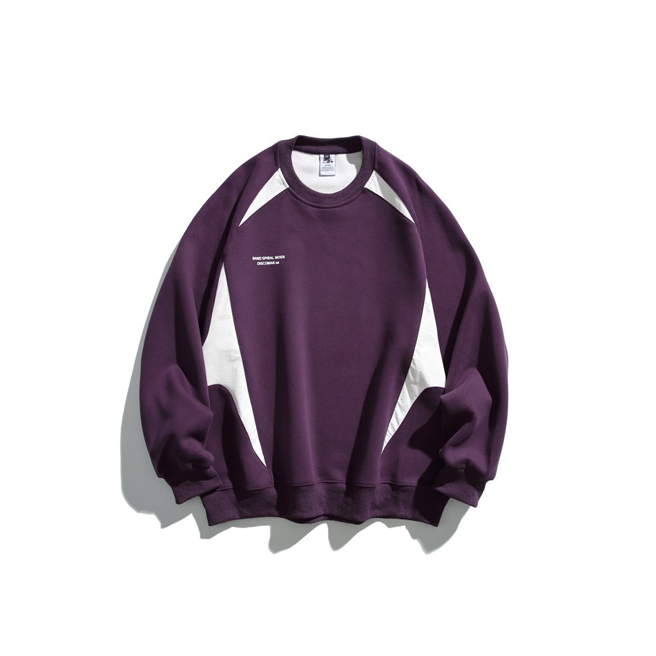 Purple crew-neck sweatshirt with white contrast side and shoulder panels, ribbed trim, and small white chest text, flat lay