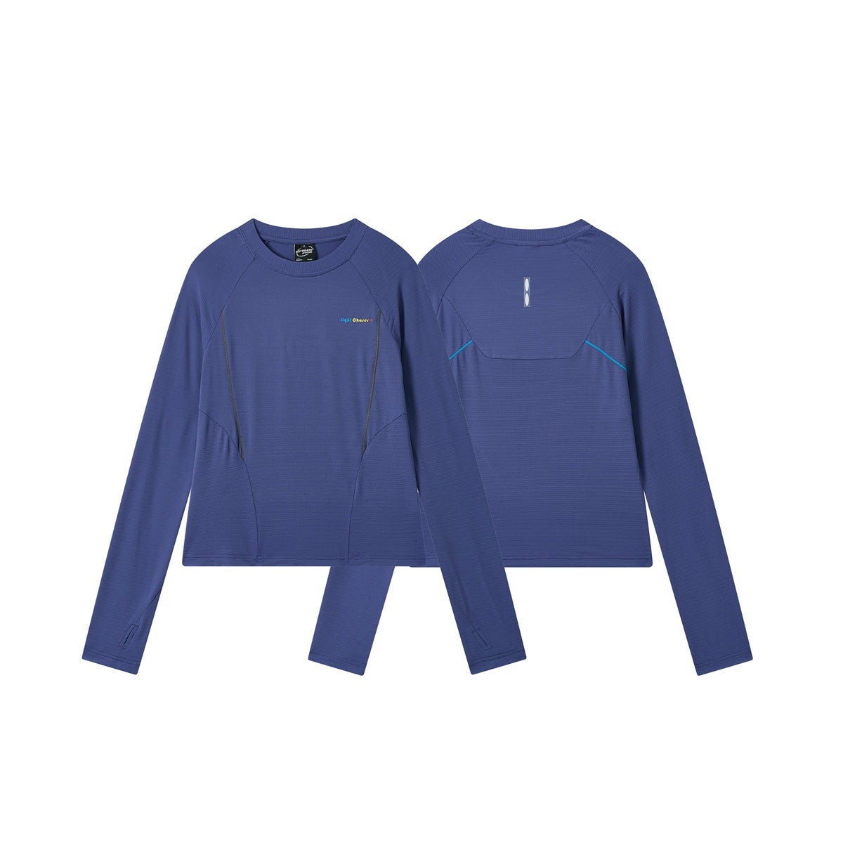 Blue long-sleeve crew-neck shirt shown from the front and back, with turquoise seam accents and a small chest print.