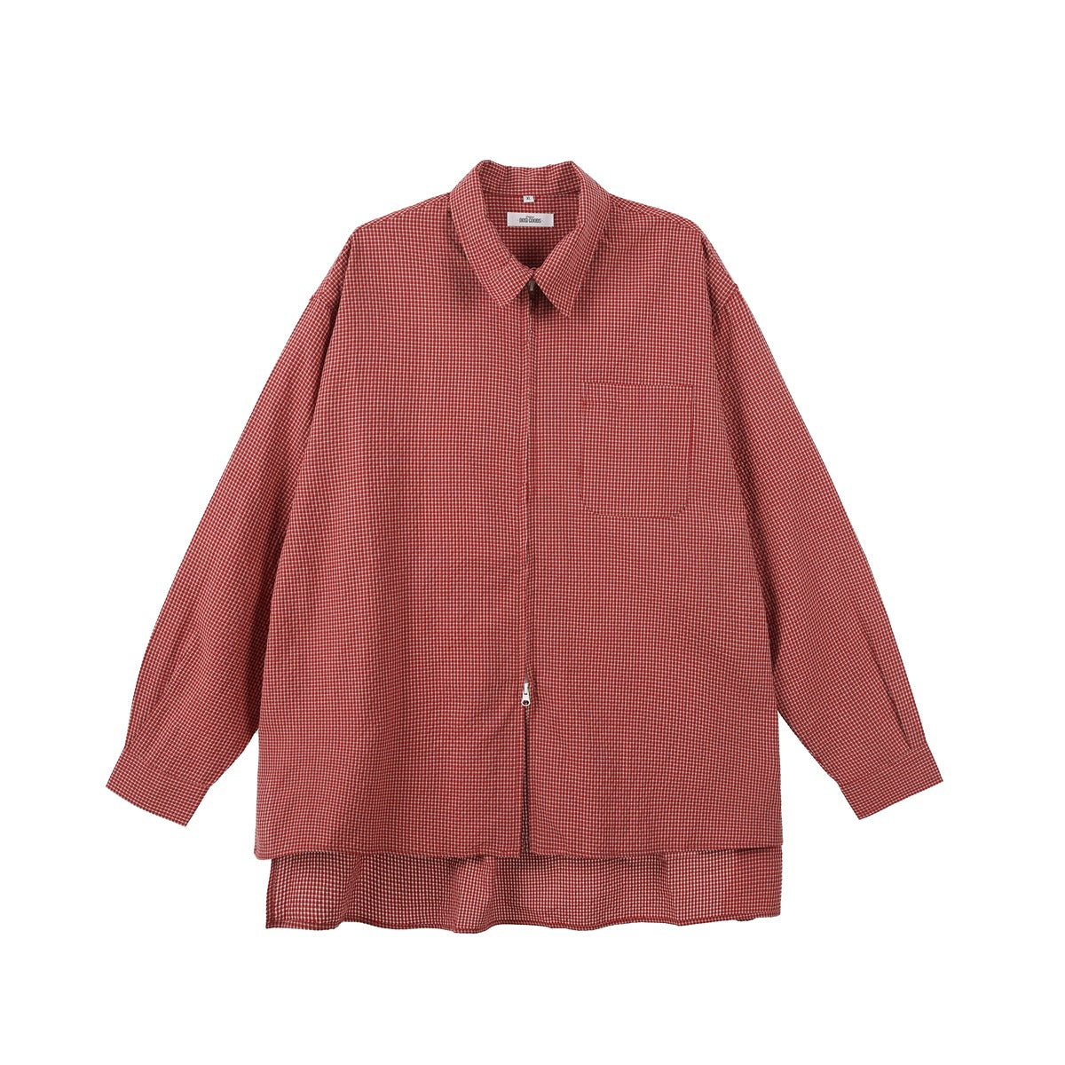 Red small-check zip-front shirt jacket with pointed collar, chest pocket and high-low hem, flat front view
