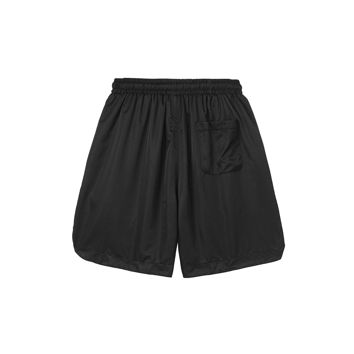 Back view of black shorts with an elastic waistband and a single patch pocket.