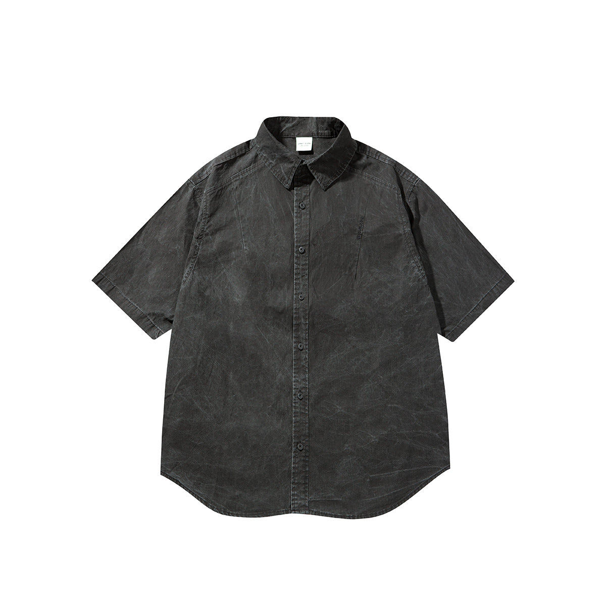 Washed black short-sleeve button-up shirt with mottled distressed finish, flat front view