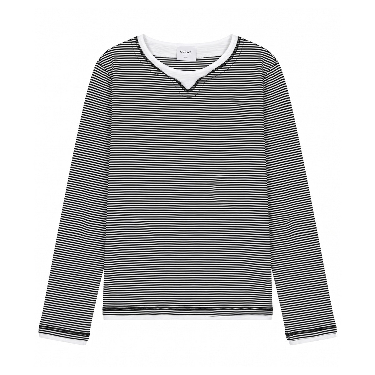 Black and white striped long-sleeve top with white layered notched neckline, hem and cuffs, flat front view