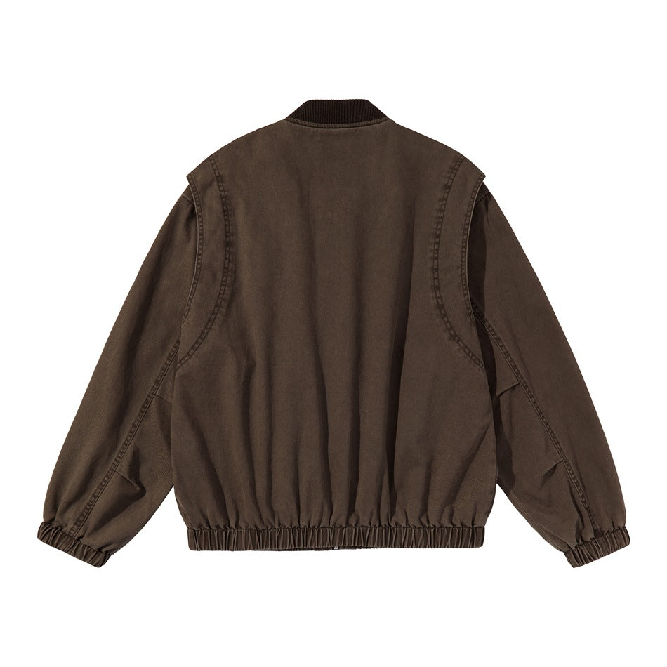 Back view of a dark brown jacket with a ribbed collar, curved seam details, and gathered cuffs and hem.