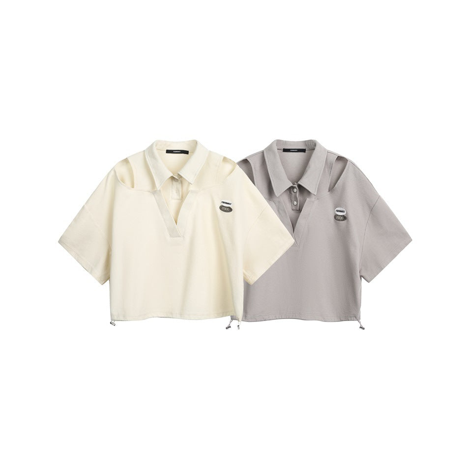Ivory and taupe cutout-shoulder collared polo shirts shown side by side.
