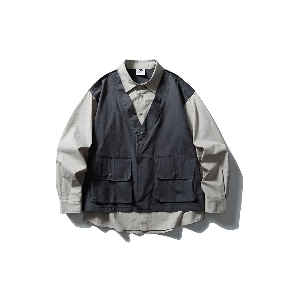 Navy vest-style panel over a khaki-gray layered shirt with two flap pockets, flat lay front view