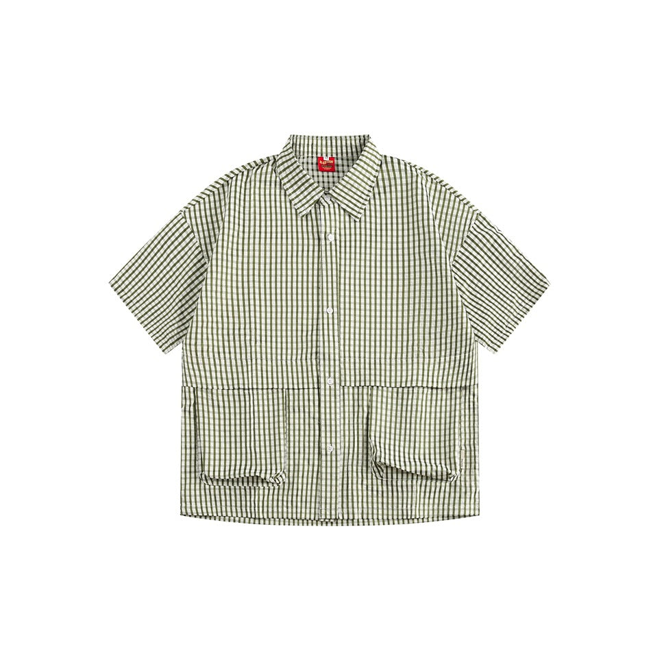 Green and white gingham short-sleeve button-up shirt with two large front flap pockets, flat lay front view