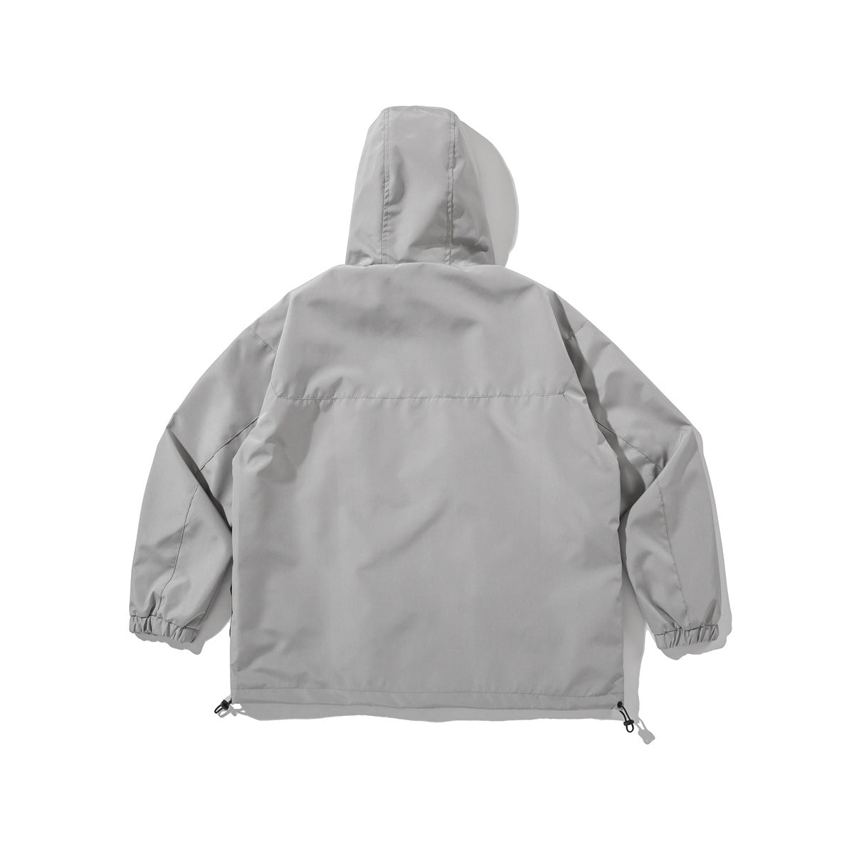 Back view of a light gray hooded jacket with gathered cuffs and adjustable hem toggles.
