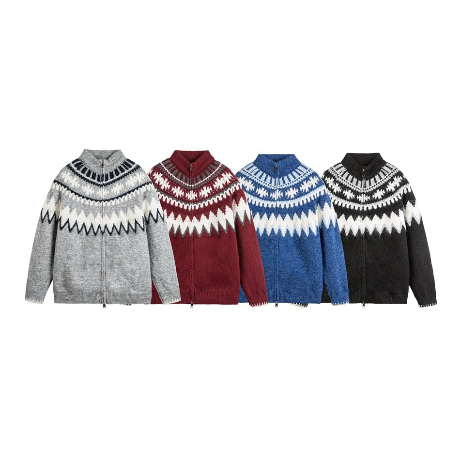 Four zip-front knit sweaters with Nordic-style yoke patterns in gray, burgundy, blue, and black.
