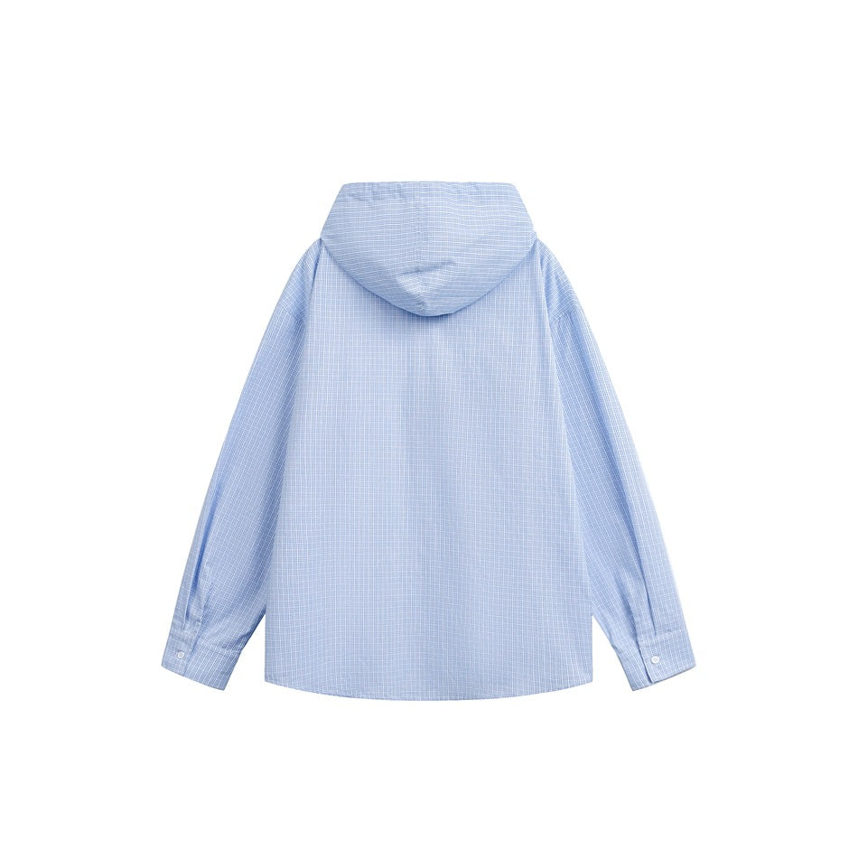 Back view of a light blue fine-check hooded shirt with long sleeves and a curved hem.