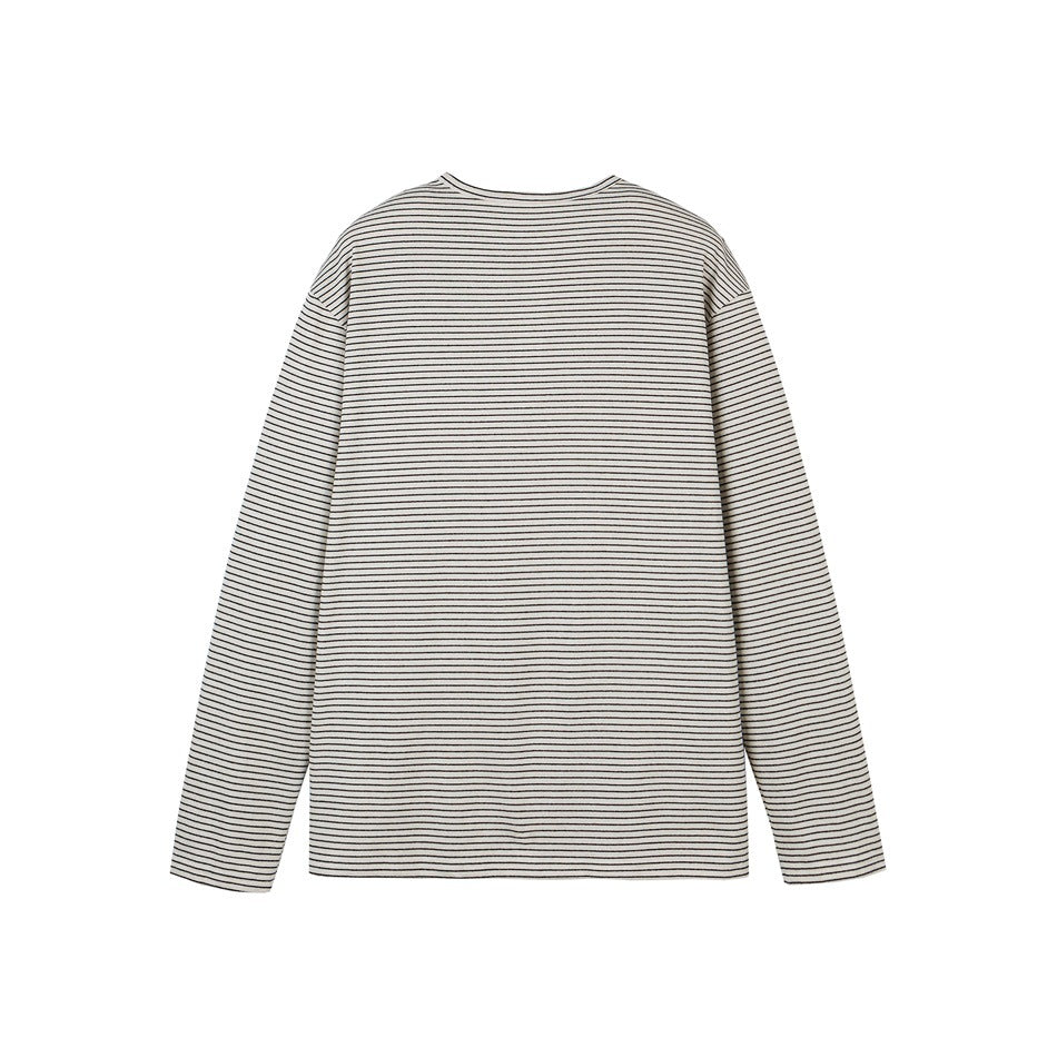 Back view of a cream long-sleeve shirt with fine dark horizontal stripes, laid flat on a white background.