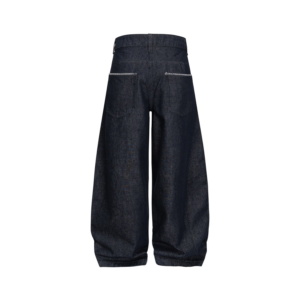 Back view of dark indigo wide-leg jeans with two rear pockets and gathered hems.