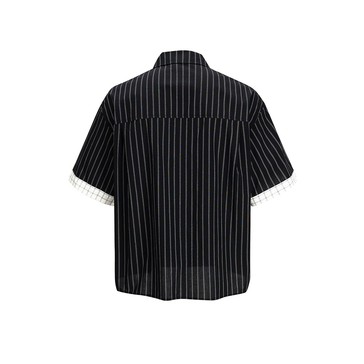 Back view of black striped short-sleeve shirt with a back yoke seam and white grid-check cuffs