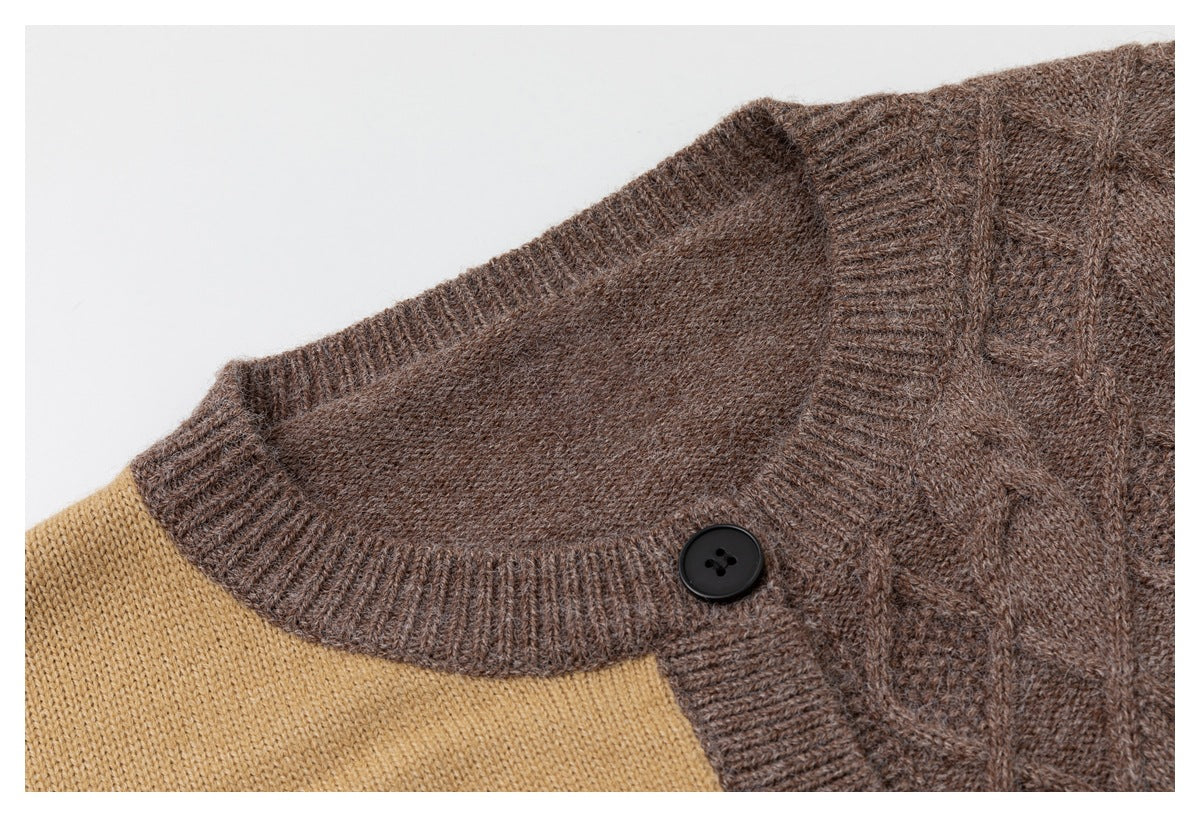 Close-up of a brown ribbed cardigan collar and button beside a tan knit panel.