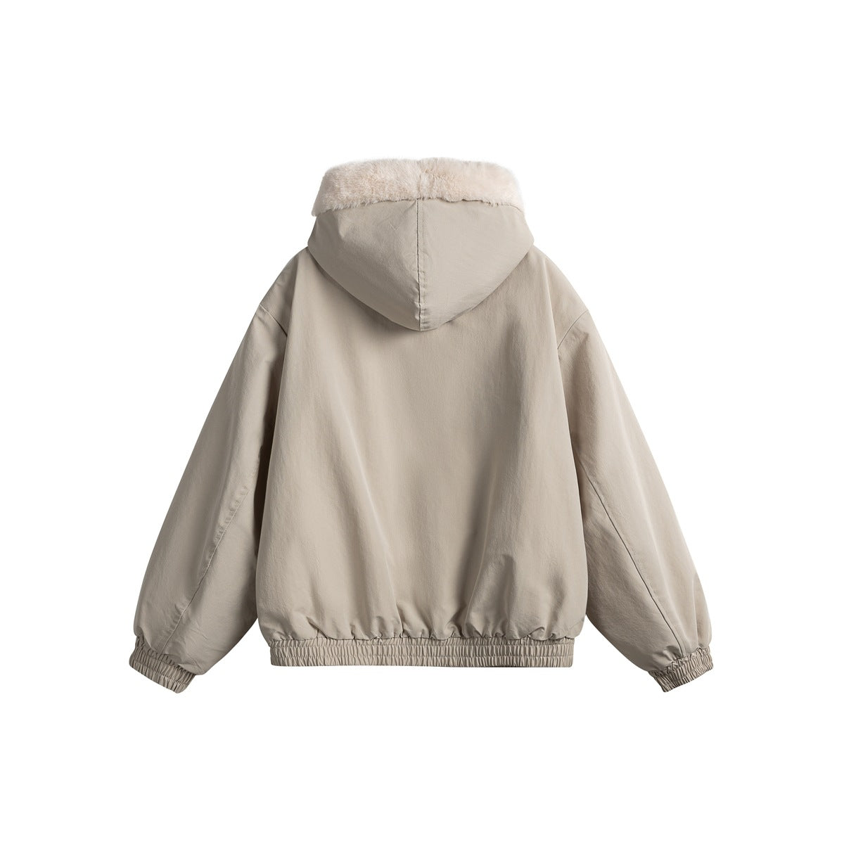 Back view of a taupe hooded jacket with a light fur-trimmed hood and gathered cuffs and hem.