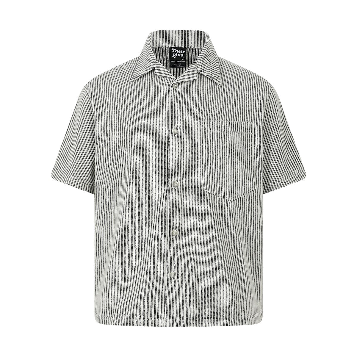 Black and white vertical striped short-sleeve button-up shirt with open collar and chest pocket, front view