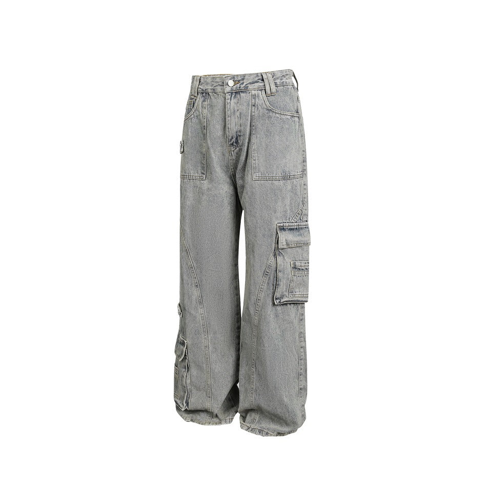 Front view of light gray washed wide-leg jeans with large front pockets and cargo pockets on the legs.