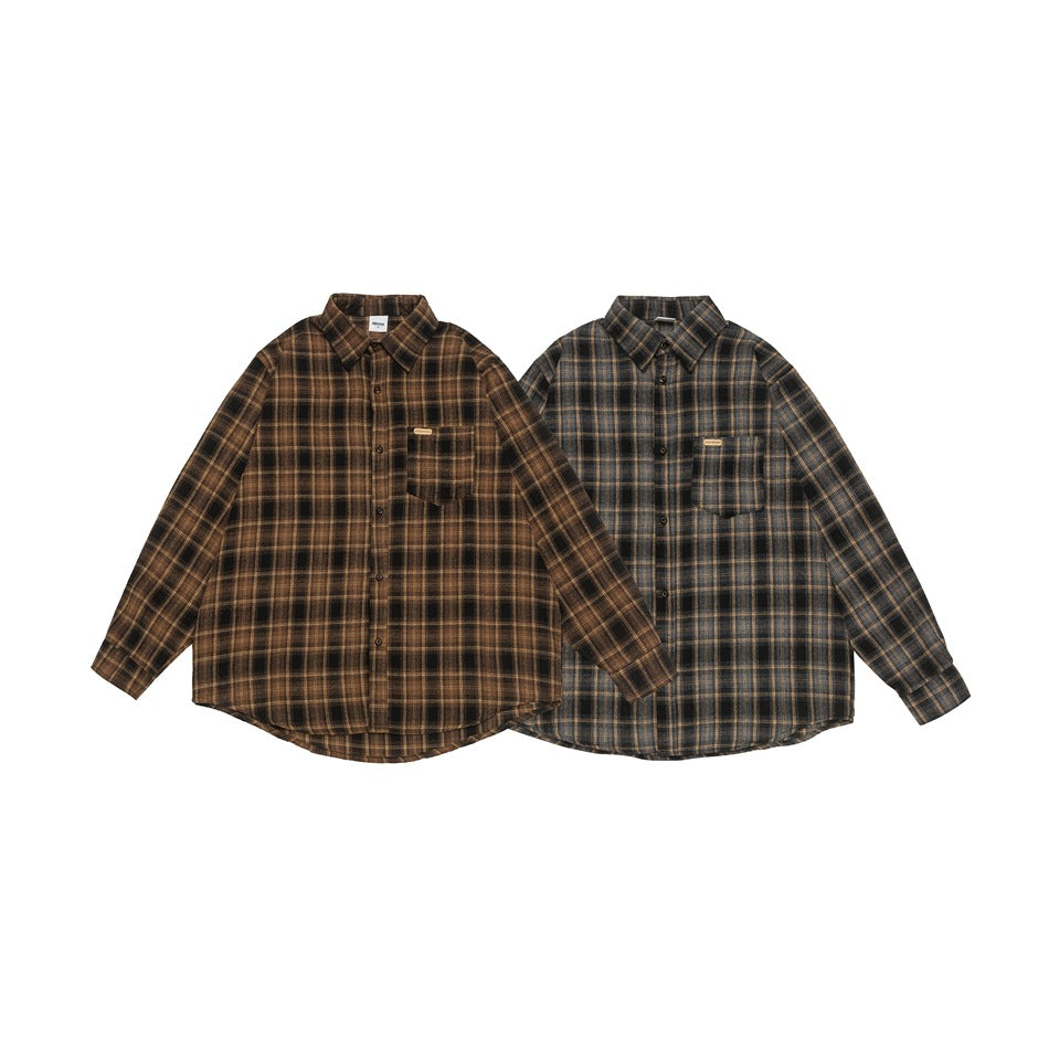 Two button-up plaid shirts displayed flat: one brown and one blue-gray, each with a chest pocket.