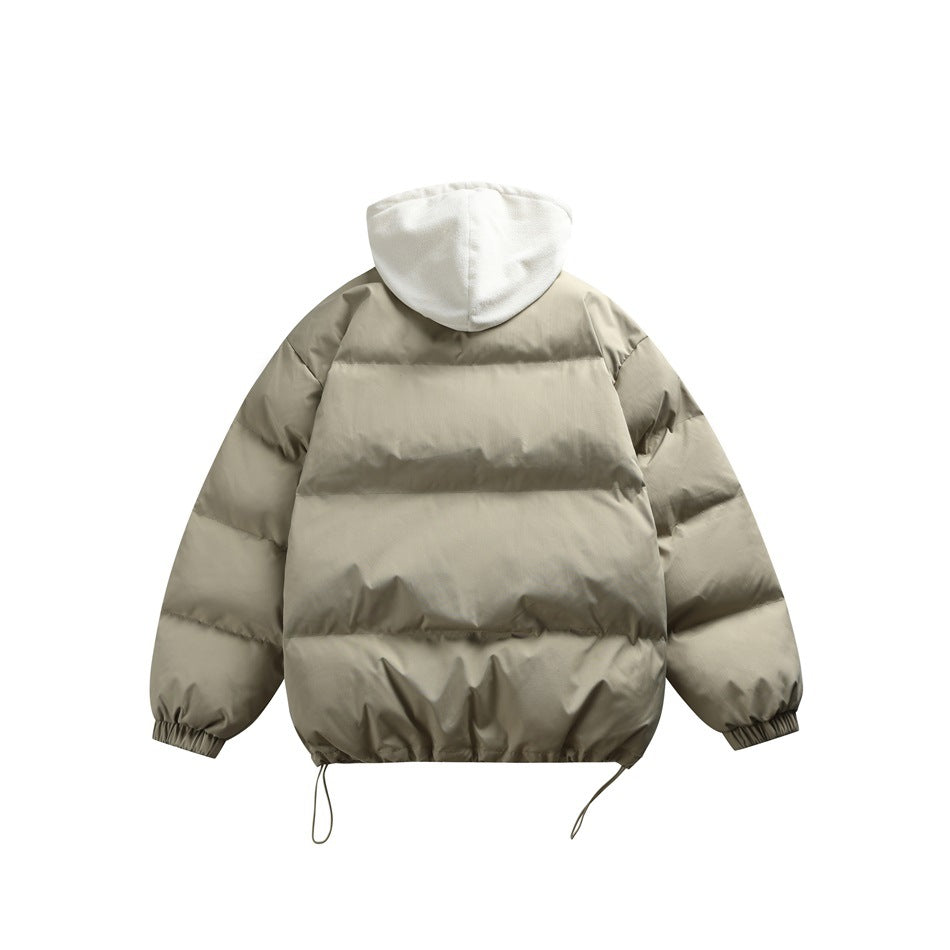 Back view of a taupe puffer jacket with a cream hood, elastic cuffs and adjustable hem drawcords.