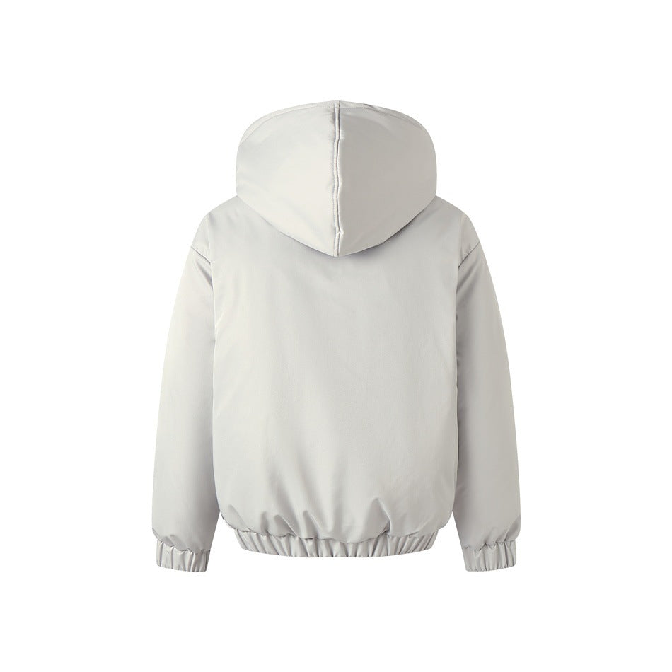 Back view of a pale gray hooded jacket with long sleeves and gathered elastic cuffs and hem.