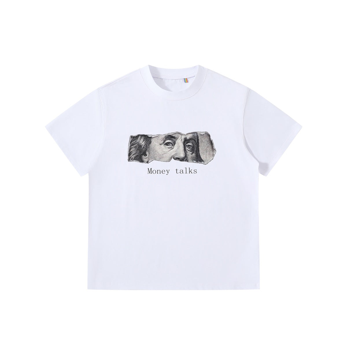 White short-sleeve crew-neck t-shirt with grayscale torn banknote eyes graphic and the text Money talks on the chest