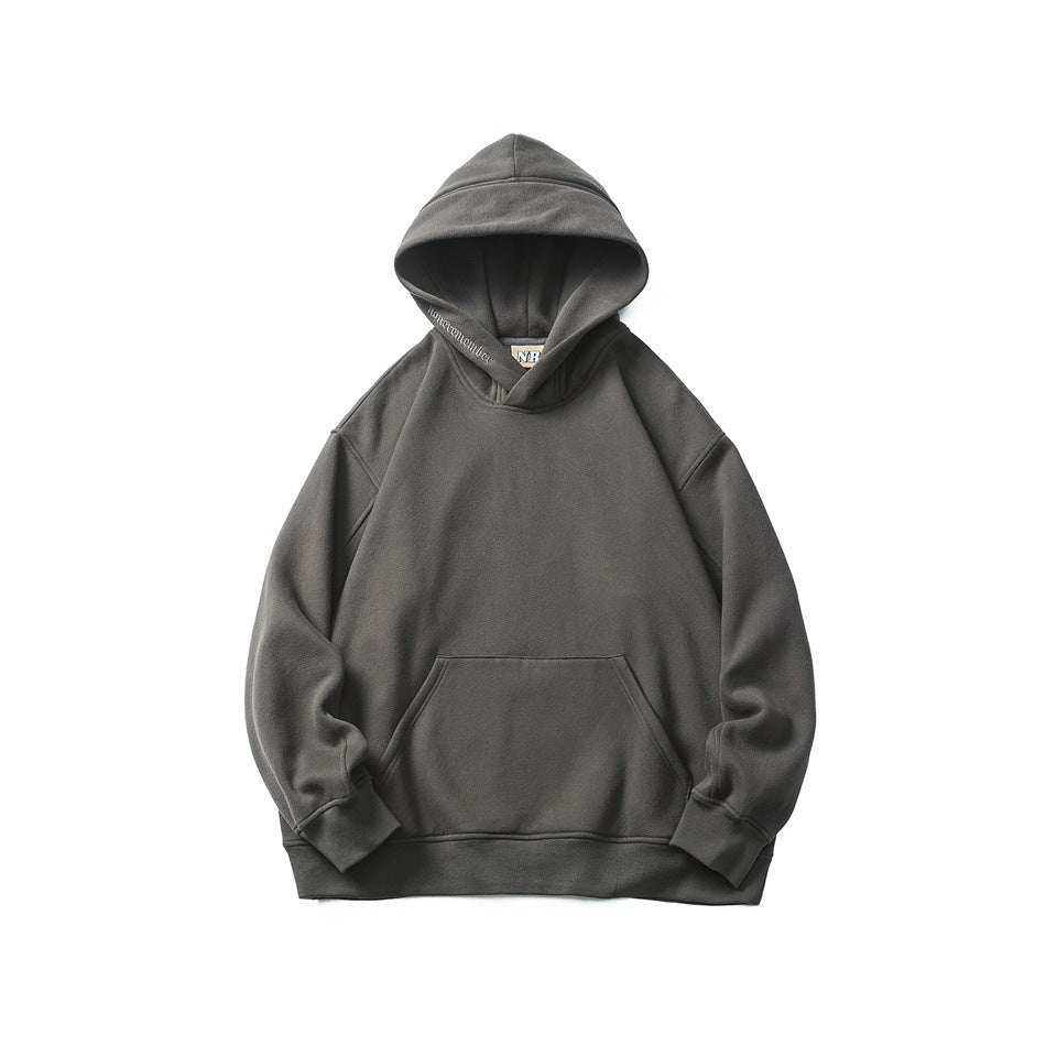 Dark gray pullover hoodie flat lay, front view with large hood, kangaroo pocket and ribbed cuffs